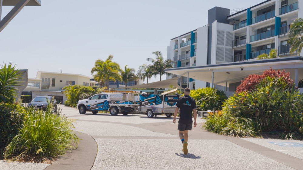 A Delta Temp crew arriving at a Sunshine Coast apartment complex
